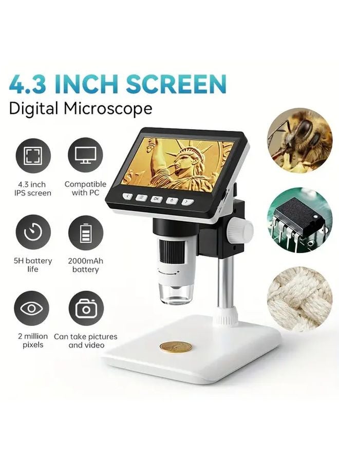 White Digital Microscope 4 3 Inch IPS Screen 1000X Zoom 2MP Camera 8 LED Lights 2000mAh Battery PC Compatible - Image 1